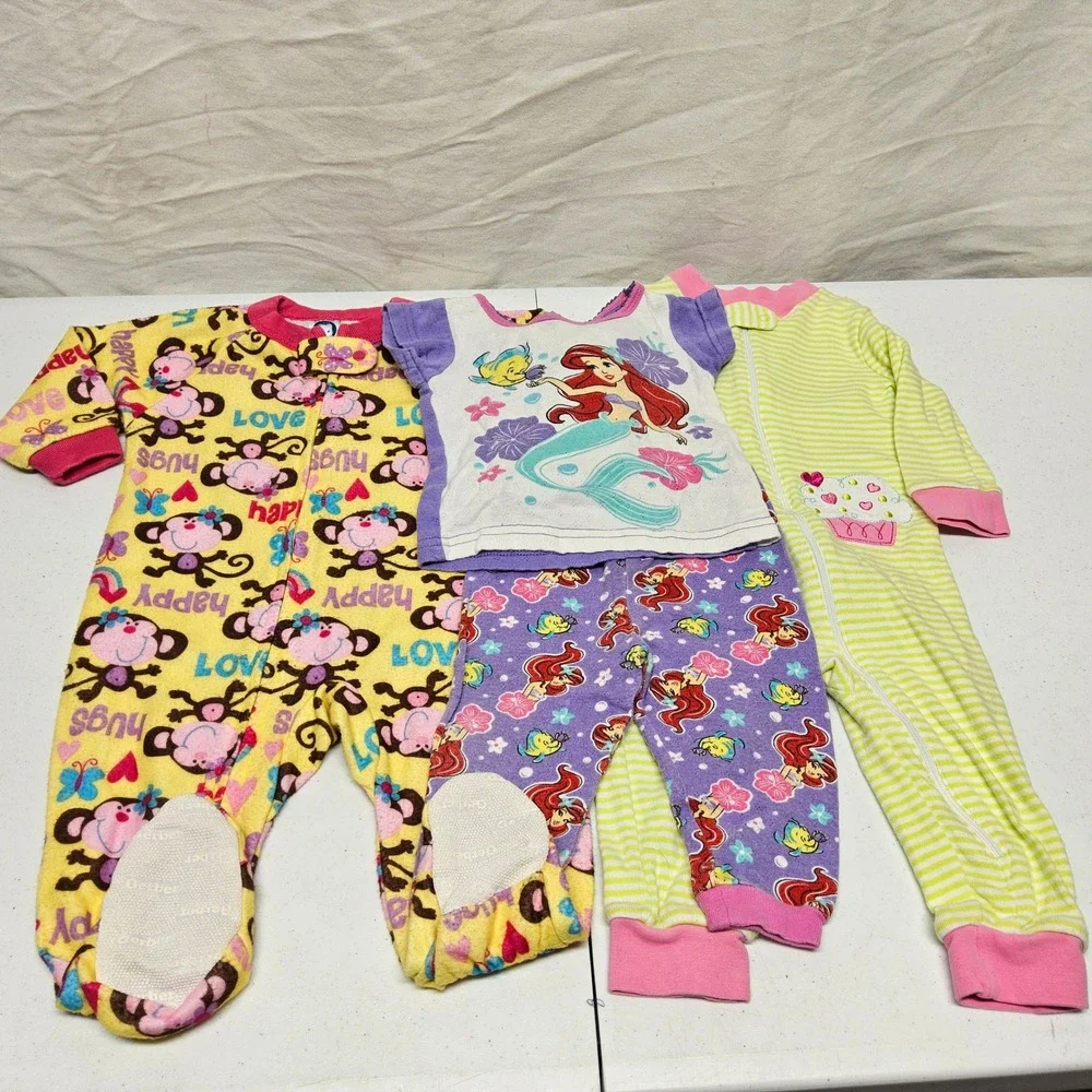 Gerber Disney Little Me Sleepwear Lot Kids 12M Multicolor Ariel Monkey Cupcake
